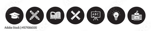 Education School Vector Icon Set Featuring Learning Tools and Academic Symbols in Solid Black Silhouette
