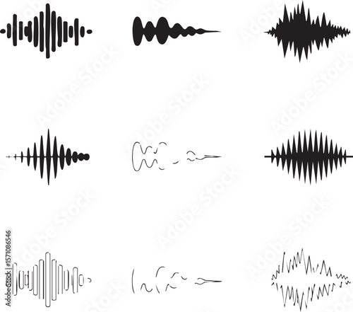 Black and white audio waveform representation visual elements audio spectrum analysis graphic icon set