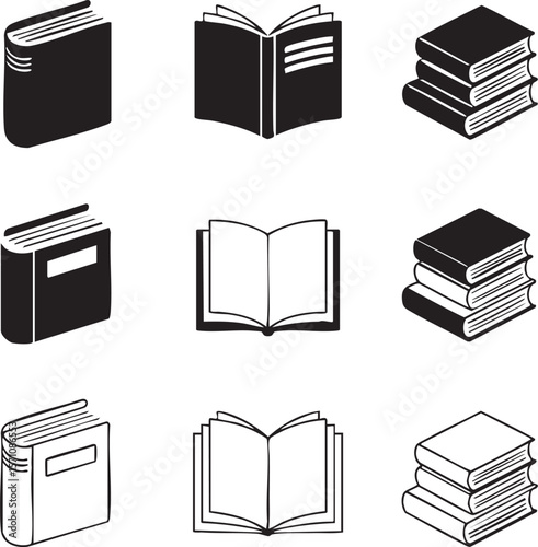 Black and white book vector icon set depicting closed books open books and stacked books ideal for educational or library related designs