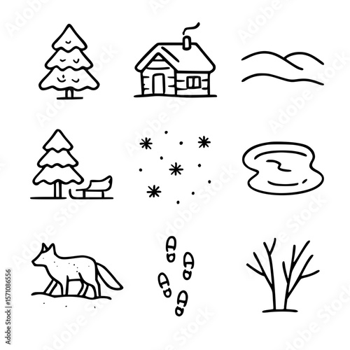 Winter forest line icons including cabin, snowflakes, fox, trees, sleigh, and frozen lake for seasonal designs.