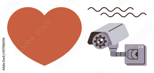 Security camera facing large red heart with signal lines above, representing privacy, love, technology, and observation. Ideal for privacy, surveillance, love, technology relationships trust