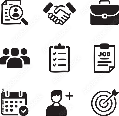 Black and white business and employment icon set vector illustration graphic,business elements,hiring,recruitment,goals,and collaboration