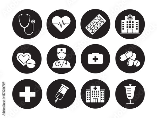 Medical Healthcare Vector Icon Set Featuring Hospital, Doctor, and Medicine Symbols in Solid Black Silhouette