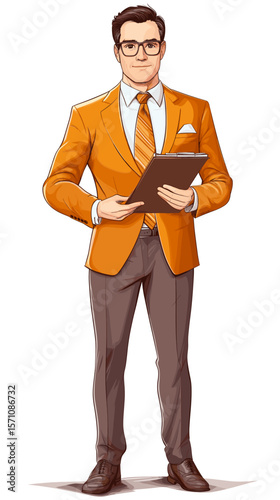 Confident businessman holding a clipboard in an orange suit