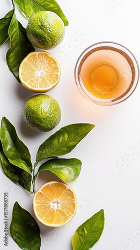 Refreshing Korean yuzu citrus tea served in clear glass with vibrant yuzu fruit and leaves