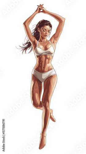 Young woman dancing gracefully in white bikini against plain background  