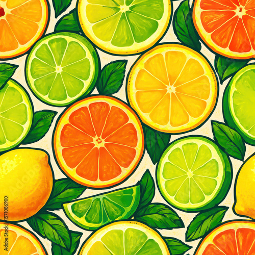 Seamless Citrus Fruit Pattern with Mint Leaves – Hand-Painted Stylized Texture