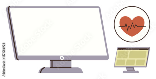 Computer monitor, smaller screen displaying grid interface, and heart with pulse line symbol. Ideal for healthcare, technology, telemedicine, wellness, IT solutions, data visualization modern health