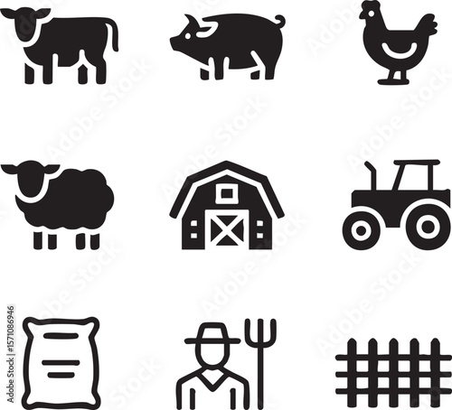 Black and white farm animal icon set featuring cow pig chicken sheep barn tractor farmer and fence agriculture theme