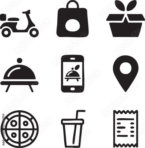 Black and white food delivery icon set with scooter,bag,phone,pizza,and drink illustrations