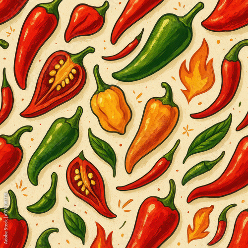 Spicy Chili Pepper Seamless Pattern – Hand-Drawn Hot Pepper Illustration