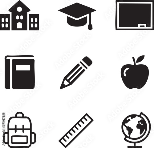 Black and white school education icon set featuring school building graduation cap blackboard and more
