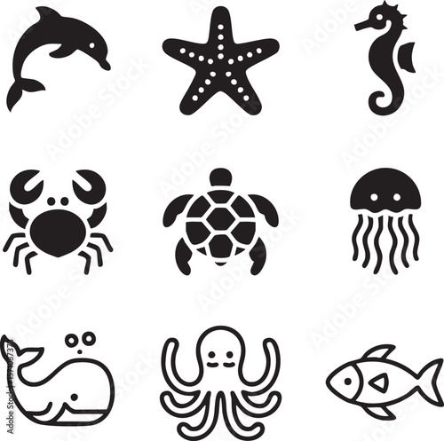 Black and white sea life icon set featuring dolphin starfish seahorse crab turtle jellyfish whale octopus fish