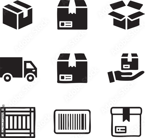 Black and white shipping and delivery icon set featuring boxes hand truck barcode and wooden crate