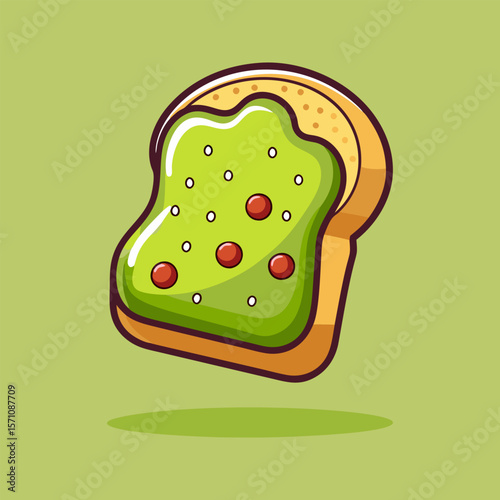A delightful cartoon illustration of a slice of toast with a vibrant green spread and red sprinkles.
