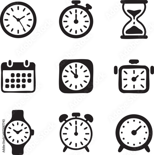 Black and white time management icon set featuring various clock styles and calendar illustration minimalist vector graphic design for stock platforms