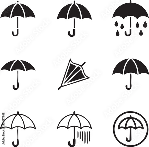 Black and white umbrella icon set featuring protection and rain symbols various styles and representations weather related elements