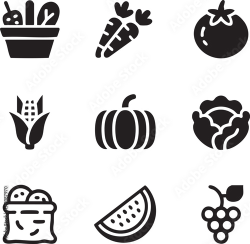 Black and white vegetable and fruit icon set featuring carrots,corn,salad,tomatoes,watermelon,grapes,potato bag,pumpkin,and cabbage