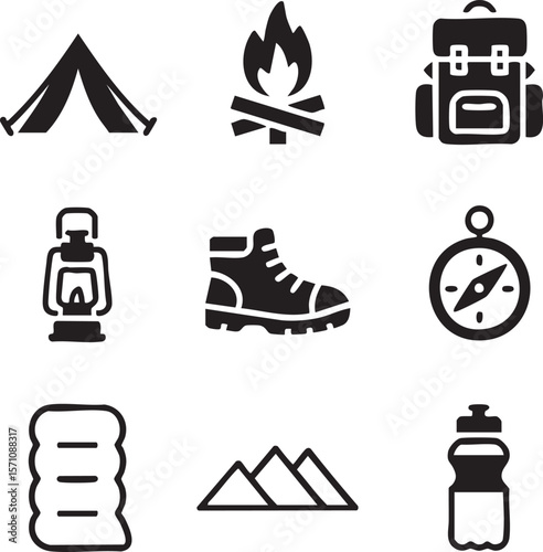 Camping and hiking adventure icon set with tent,fire,backpack,boot,and compass for outdoor activities and nature exploration