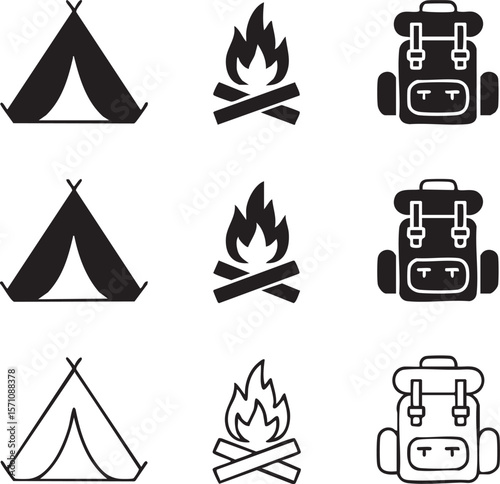 Camping and outdoor adventure black and white icon set featuring tent bonfire and backpack designs for nature and travel theme