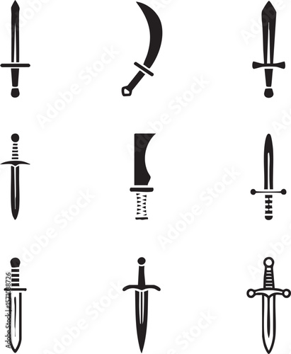 Collection of black and white sword icons illustration featuring fantasy medieval warrior weaponry in flat design style sword icon set