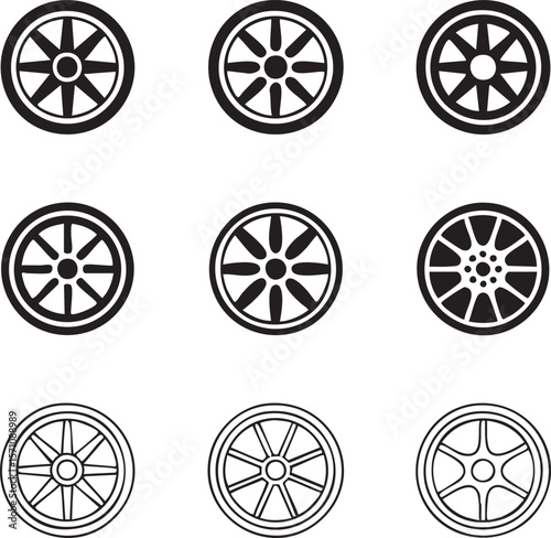 Collection of car wheel rim designs black and white auto part icon set for automotive and transportation industry