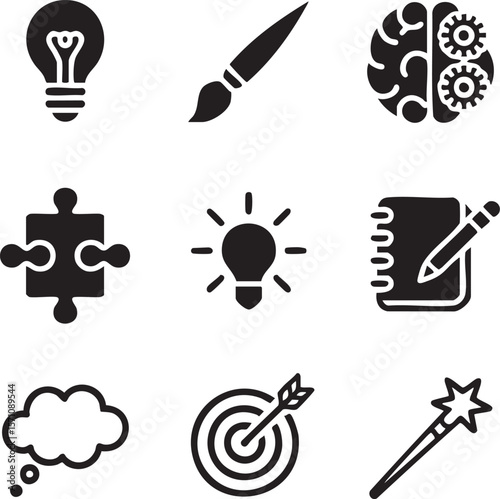 Creative idea generation icon set representing innovation imagination and problem solving tools for design projects