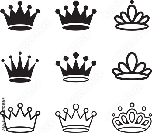 Crown icon set collection black and white royalty graphics nine elegant vector crowns for design projects illustration
