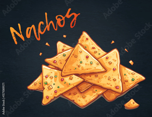 Mouthwatering Nacho Vector Illustration. Delicious vector illustration of nachos, a heaping pile of golden tortilla chips. Ideal for restaurant menus, packaging, marketing materials, and any project 