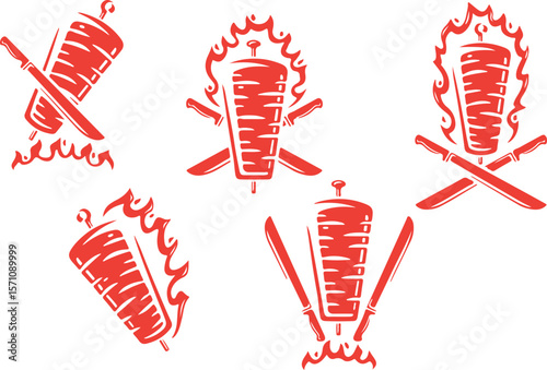 Shawarma Icon Set – Kebab, Red, Grill, Street Food, Wrap, Spit, Meat, Flame, Middle Eastern, BBQ

