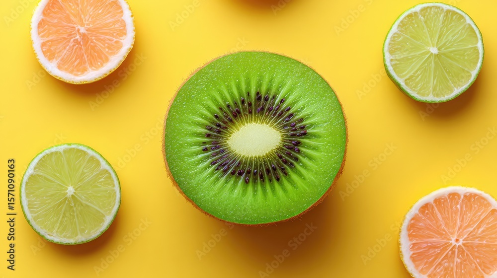 Obraz premium Bright summer-themed flat lay with kiwi, citrus, and blurred background for branding