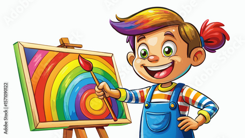 A cheerful boy with a ponytail paints on a giant canvas, tiny fingers covered in rainbow-colored paint. Her apron and brushes feature subtle texture, while her eyes sparkle with artistic curiosity. Th