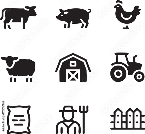 Farm animals and agriculture black glyph icon set representing farming life and rural lifestyle elements