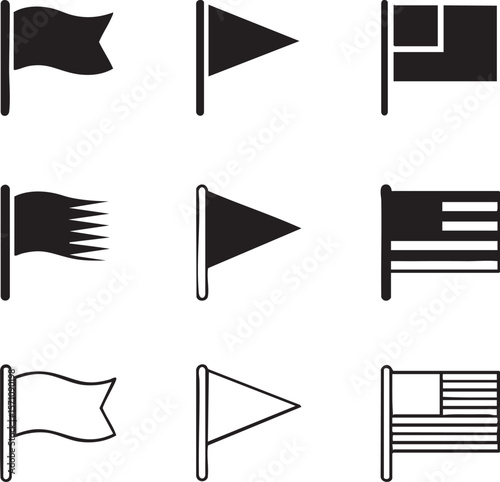 Flag icon set featuring pennants and national flags in black and white line art vector