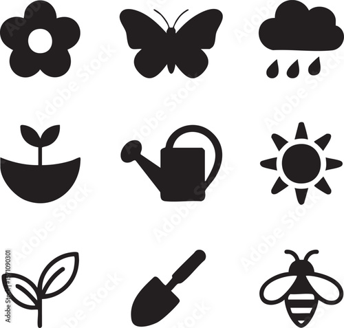 Garden and nature black icon set featuring flower butterfly cloud rain sprout watering can sun leaf shovel and bee