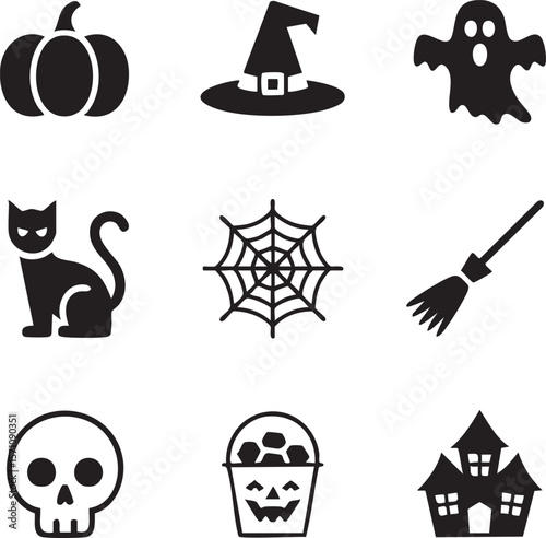 Halloween icon set featuring pumpkin ghost witch hat skull black cat spiderweb broom haunted house and candy bucket