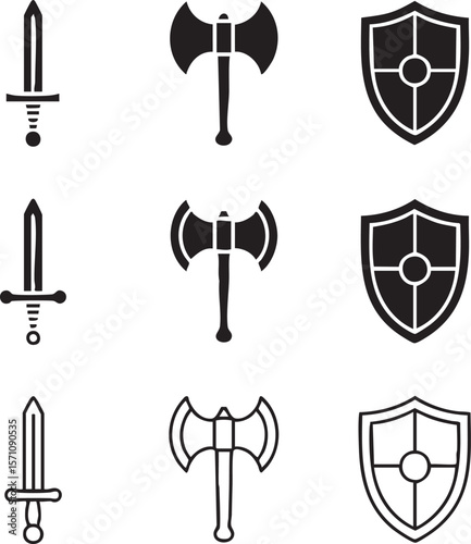 Medieval weapons silhouette vector graphics featuring swords axes and shields icon set for design projects and illustrations
