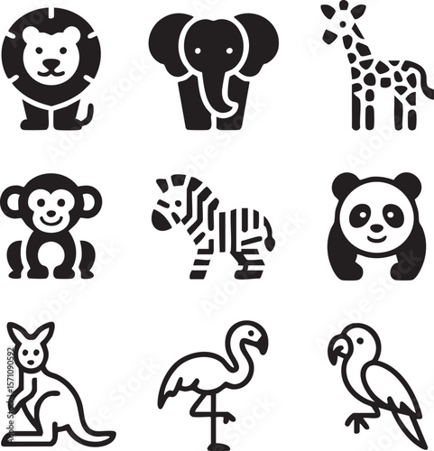 Minimalist animals icon set featuring lion elephant giraffe monkey zebra panda kangaroo flamingo and parrot