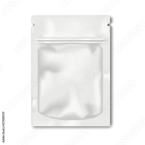 Blank white tear notch sachet pouch with zip lock. Realistic vector mockup. Zipper plastic bag. 3d mock-up. Resealable packet flat package. Template for design