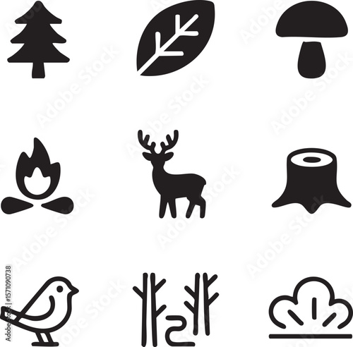 Minimalist forest elements icon set featuring deer tree bird and campfire symbols black and white illustrations