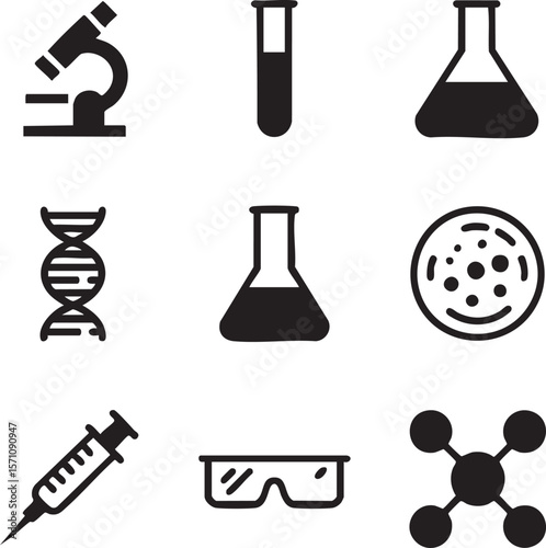 Scientific research icon set with microscope beakers dna syringe and safety glasses representing biology chemistry and medical fields