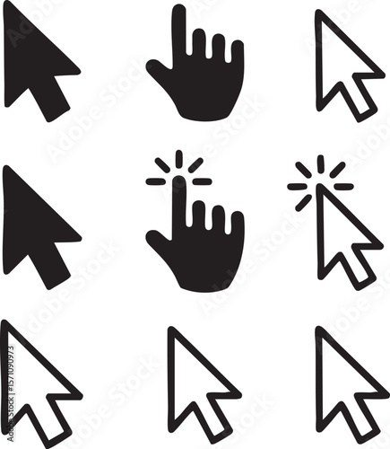 Simple black and white cursor and hand icon set for website buttons and user interface design depicting clicking concepts and navigation