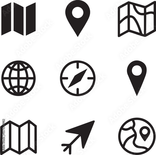 Navigation and travel icon set collection featuring map pin compass globe and paper plane isolated on white background