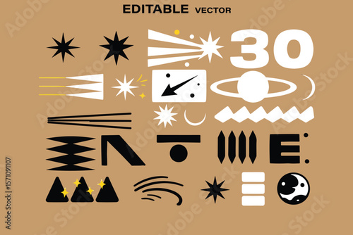 Collection of abstract geometric shapes and symbols in black white and yellow on a tan background
