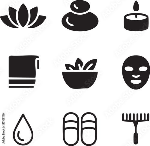Spa and wellness monochrome icon set featuring lotus,stones,candle,towel,and facial mask elements showcasing relaxation
