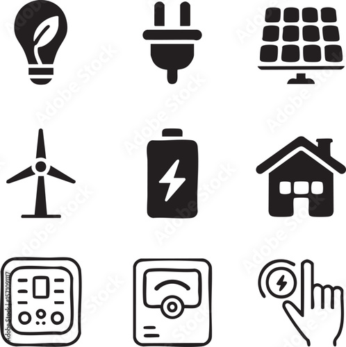 Sustainable energy resources icon set depicting clean power and smart home technologies for eco friendly living