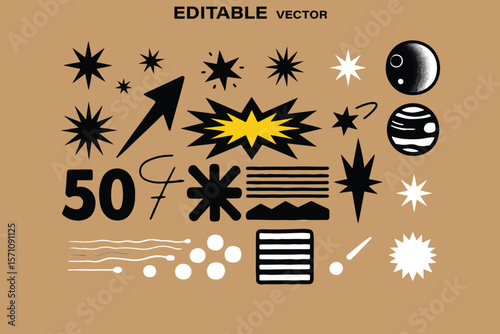 Collection of abstract graphic elements including stars planets and numbers on a beige background editable vector