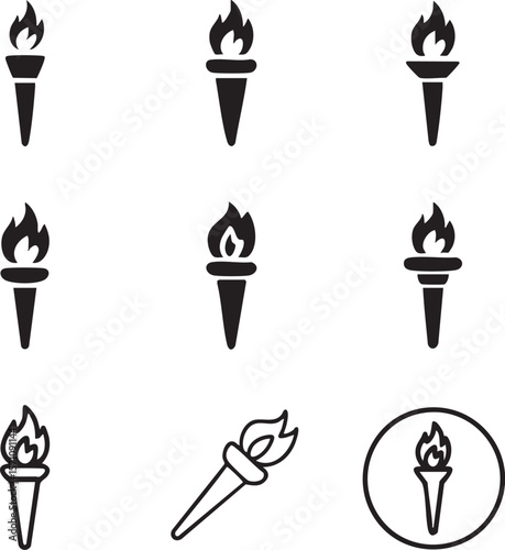 Torch vector illustration with various styles modern icon set simple torch silhouette design burning flame symbol collection