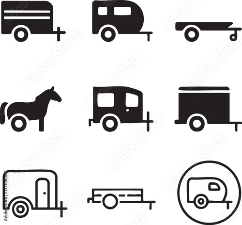Trailers and horse transport icons vector illustration collection black silhouette trailer variations horse trailer equestrian icon set