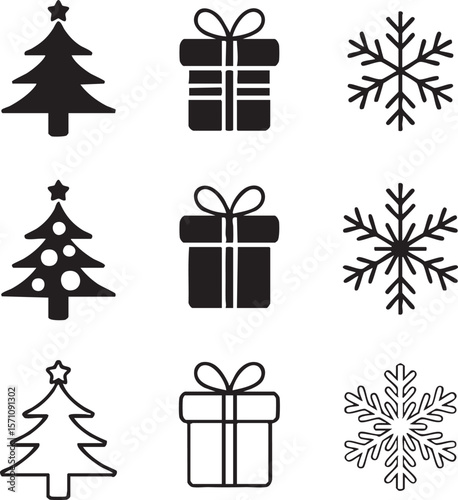 Winter holiday black and white vector icon set featuring christmas trees gift boxes and snowflakes for festive designs and celebratory projects